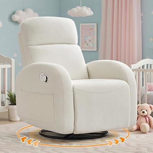 Glider Nursery Recliner Chair, Swivel Recliner Rocking Chairs for Nursery with 2 Pockets, Reclining Rocking Chair, Manual Recliners for Living Room, Bedroom, Cream White Chenille