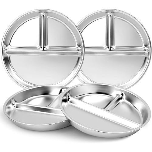 Stainless Steel Kids Plates 4 Packs, Deepened 9" Portion Control Plate Divided Plate for Toddlers Adults Family Bariatric Weight Loss & Diabetic Diet, Non Toxic Unbreakable Dinner Dishes