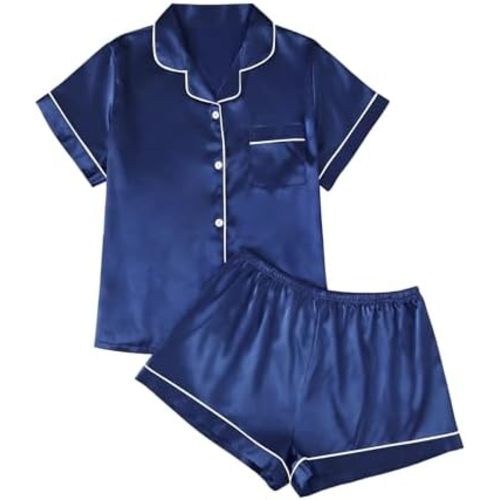 AUTOMET Women Silk Satin Summer Pajama Set Matching Lounge Pjs Soft 2 Piece Suit Ladies Button Down Tops and Shorts
