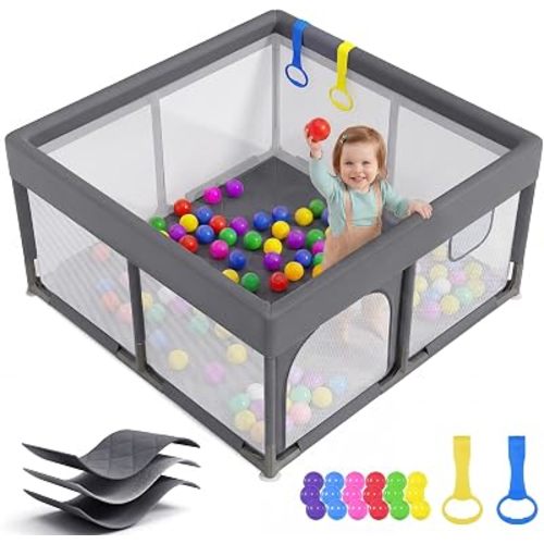 Baby Playpen with Mat, 124x124cm Parc Bébé for Indoor Outdoor, Grey