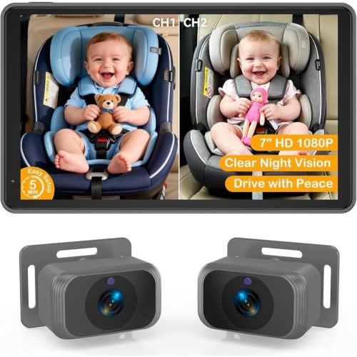 7" 1080P Dual Baby Car Monitor: Split-Screen for 2, Side-by-Side View | 150° Wide Lens + IR Night Vision for Full-Body View, USB Plug-Play, Ideal for Twins/Siblings in Backseat