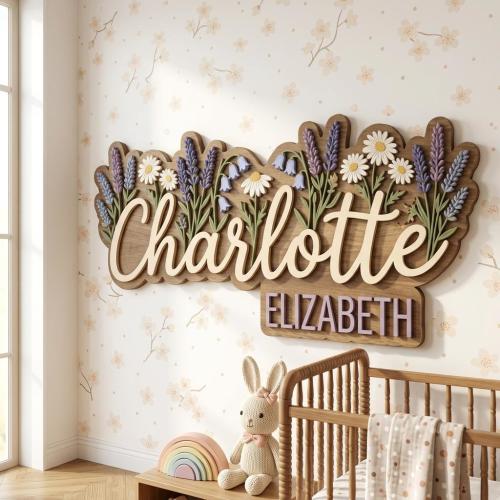 Maya Sophia - Lavender Baby Name Sign for Nursery Wall Decor, Wood Flower Nursery Sign, Wildflower Girl Room Decor, 3D Wooden Name Sign, Personalized Gift