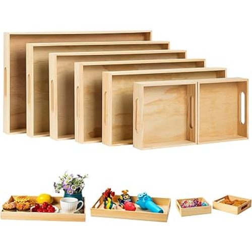 PONGJA Wooden Serving Trays with Handle - 7 Pieces Unfinished Wood Nested Breakfast Food Serving Trays for Craft Kids Montessori Snacks Home Decor Kitchen Party Dinner