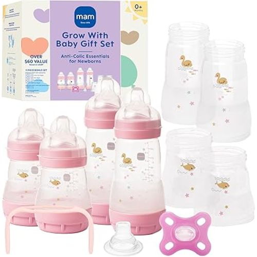 MAM Grow With Baby Anti-Colic Bottle Set – 4 Easy Start Bottles (5oz & 9oz) with Trainer Handles & Spout, Comfort Newborn Pacifier, Extra Bottle Bodies & Nipples | Self-Sterilizing Baby Feeding System