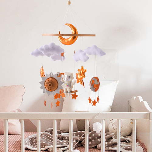 Hanging Rotating Toys Bed Bell for Baby Crib, Felt Sky Bed Bell Hanging, Hangable Wood Bassinet Mobile Crib with Felt Balls, 3D Clouds Stars & Moon Wind Chime Crib Mobile Decor (without Arm)