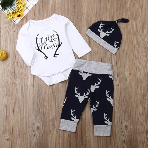 0-18 Months Newborn Baby Boy Clothes Little Man Romper Tops+Deer Pants+Hat Xmas Outfits - OneSize