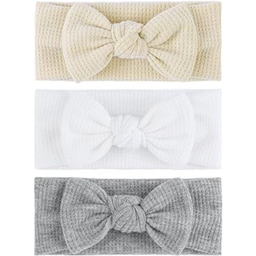 4" Baby Girls Hairband with Bows - 3Pcs Gray White Beige (Handmade Soft Headwraps Baby Hair Accessories for Infant Toddler)