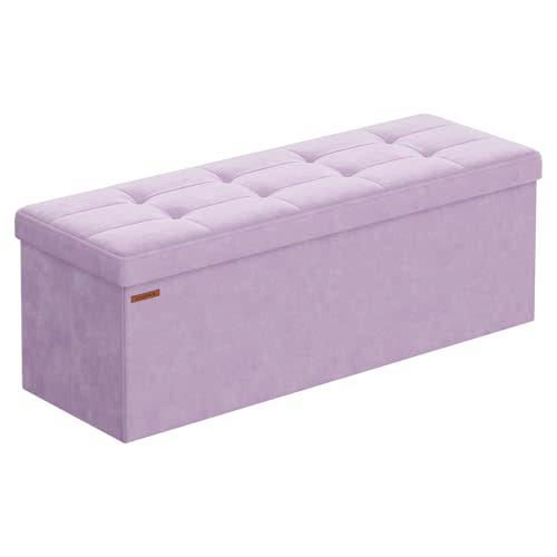 SONGMICS Storage Ottoman Bench, 43.3 Inches Velvet Foldable Foot Rest | Foot Rest, End of Bed Bench, Load up to 660 lb, Light Lilac, MINOTA Collection ULSF277P01