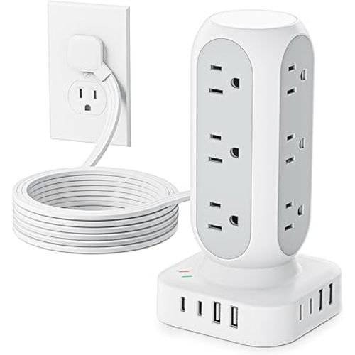 Tower Power Strip with Surge Protection, Flat Plug Outlet Extender with 12 AC Outlets & 8 USB Ports, 5 FT Extension Cord with Multiple Outlets, 24W Total Charging Station for Home Office Dorm Room