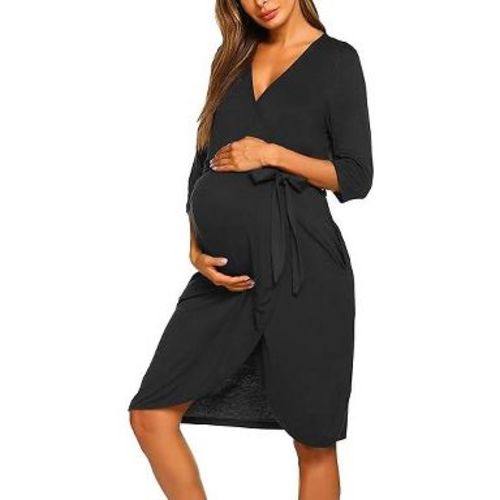 Ekouaer Maternity Robe Nursing Robes for Hospital Labor Delivery V Neck Pregnancy Bathrobe Womens Postpartum Nightgown Black S