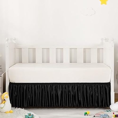 Black Satin Crib Bed Skirt, 52" x 28" with 14" Drop Silky Soft Baby Crib Skirt for Baby Girls or Boys, Fit for Standard Crib & Toddler Bedding