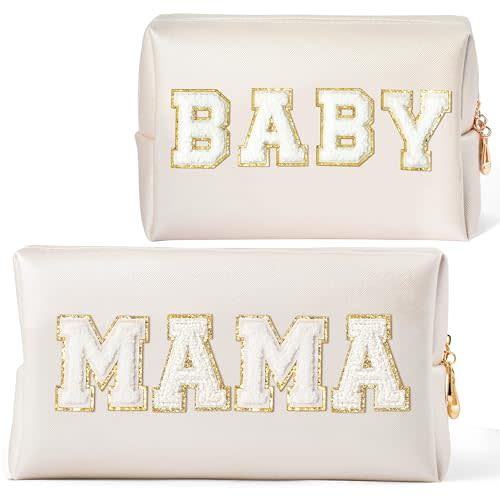 CY2SIDE MAMA Baby Letter Makeup Bag - 2PCS White MAMA and BABY Chenille Letter Patch Cosmetic Bag Pink PU Leather Patch Pouch Waterproof Portable Zipper Travel Organizer Case Gifts for Mom Women