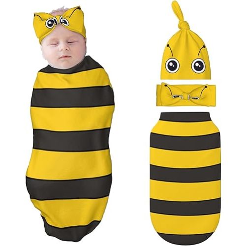 Bee Swaddle Blankets Newborn Receiving Blanket Baby Swaddle Wrap with Headband Hat Set for Baby Girls Boys
