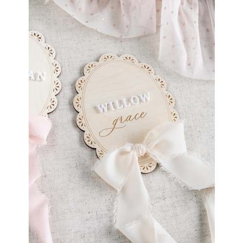 Baby Girl Monthly Milestone Marker Cards: Scalloped Name Announcement Plaque with Ribbon Bow