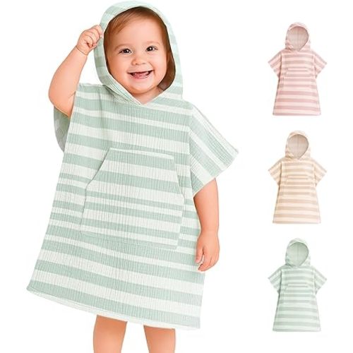 Konssy Muslin Hooded Bath Towels for Kids, 100% Cotton, Soft Quick-Dry Bath/Beach/Pool Towel Poncho with Front Pocket for Toddlers, Lightweight & Absorbent (1-3 Years)