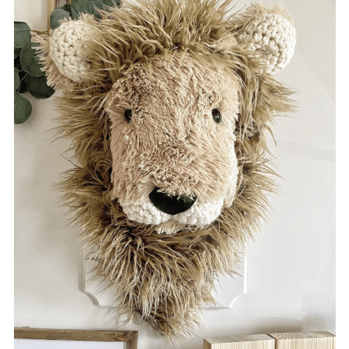 Lion Plush Wall Mount with Crochet Accents for Safari Nursery