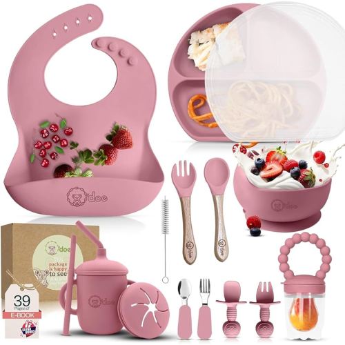 O'doe 17-Piece BPA-Free Silicone Baby Feeding Set | Thick & Soft Suction Plates, Baby Bowls, Wooden Fork & Spoon, and More | Make Mealtime Fun and Easy for Your Little One | Pink, V2
