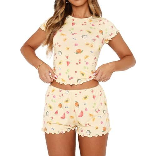 Lacozy Cute Pajamas for Women Set 2 Piece Short Sleeve Pjs Floral Graphic Crop Top Y2K Summer Sleepwear Lounge Set