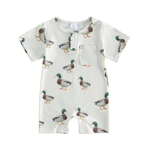 Newborn Baby Boy Outfit Printed Romper Jumpsuit Button up Clothes | Duck/Dinosaur/Turtle print, Coming home outfit, Hunting romper with pocket, Summer/fall clothes for boys