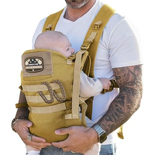 Dad Baby Carrier for Men with Adjustable Hip Snaps - Soft Infant Carrier with Magnetic Sunshade Protector, Newborn Bibs, 2 Carabiners, Removable Waist Strap | Holds Babies and Infants Up to 44 Lbs Tan