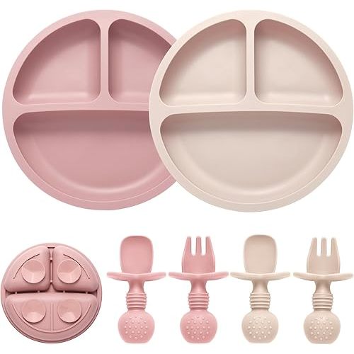 Silicone Feeding Set, 2 Pack Divided Toddler Plates with Suction, 2 Pack Utensils - Spoons & Forks, BPA Free, Baby Led Weaning Supplies