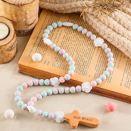 Misdary Baby Rosary Baptism Gift Silicone God Bless Kids Rosary with Cross Baptism Party Supply for Baby Shower Christian Catholic Communion Gifts(Gradient Blue,Flowers)