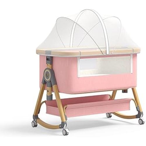 Baby Bassinet, 4 In 1 Portable Bassinet Bedside Sleeper with Wheels Comfy Mattress and Storage Basket, Moises Para Bebe 6 Adjustable Height Rocking Bedside Bassinet for Baby Newborn Boys Girls