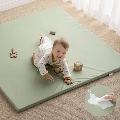 Blissful Diary Vegan Leather Baby Play Mat, 50x50 Thicken Foam Cushioned & Waterproof Playpen Mat for Infants and Toddlers, Stylish and Just Wipe-Clean Playmat for Baby Play on Floor, Light Green