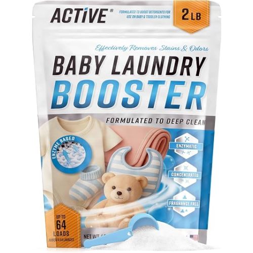 Baby Laundry Detergent Booster - ACTIVE Enzyme Stain & Odor Remover for Infant, Newborn, Toddler & Kids Clothes, Fragrance Free Sensitive Laundry Soap, 2-lbs Unscented Powder Made in USA - 64 Loads