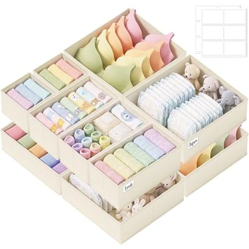 Drawer Organizer Clothes 10 Pack Washable Fabric Closet Storage Bins Flat Bottom Board Dresser Dividers for Bedroom Wardrobe Nursery Clothes Socks Underwear Bins, Beige