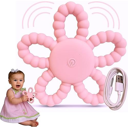 Vibrating Teether Oral Sensory Chew Toy for Babies & Toddlers–3X Vibration Settings USB-C Rechargeable Baby Chew Toy –Soft Silicone – BPA-Free-Boys Girls Gift- Pink
