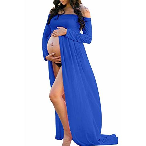 JustVH Maternity Off Shoulder Chiffon Gown Long Sleeve Front Split Maxi Photography Dress for Photoshoot