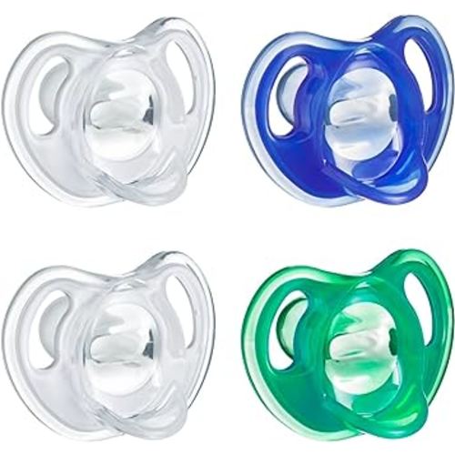 Tommee Tippee Ultra-Light Silicone Pacifier, 18-36 Months, Symmetrical One-Piece Design, BPA-Free Silicone Binkies, Clear/Blue/Green, Pack of 4