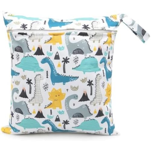 Waterproof Wet Dry Bag, Reusable Diaper Pouch with Zipper, Machine Washable Travel Organizer for Beach, Daycare, Kids, Dinosaur Pattern (White Dino)
