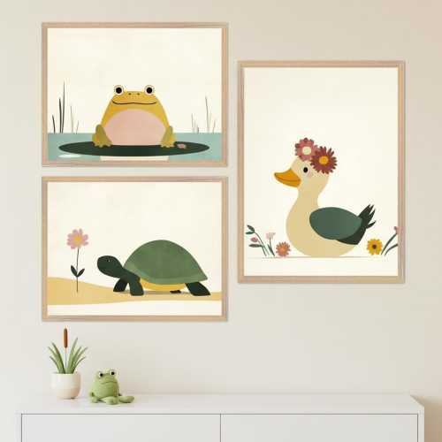 Woodland Framed Wall Art Set, Nursery & Kids' Room Decor, Frog, Turtle and Duck
