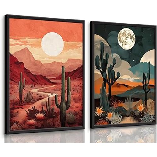 2 Pcs Sun Moon Desert Landscape Wall Art Day Night Western Wall Decor Southwest Boho Cactus Canvas Prints Nature Wilderness Paintings Mid Century Modern Mountain Poster Pictures For Living Room Unframed