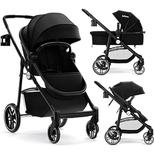 INFANS 2 in 1 Baby Stroller, High Landscape Infant Stroller & Reversible Bassinet Pram, Foldable Pushchair with Adjustable Canopy, Storage Basket, Cup Holder, Suspension Wheels (Black)