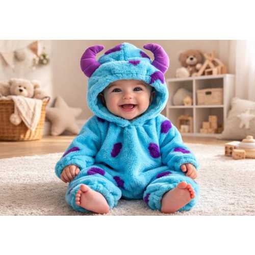 Baby Blue Monster Costume Romper, Plush Hooded Animal Outfit, Infant Photo Suit