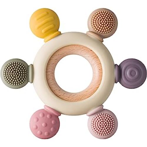Baby Teething Toys Silicone Teethers BPA Free Silicone Rudder with Wooden Ring Soothe Babies Gums (Khaki)