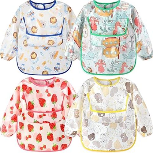 Accmor 4 Pack Long Sleeve Baby Bibs, Waterproof Sleeved Bibs for Eating Feeding, Toddler Baby Girls Boys Smock Bibs
