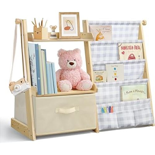 Kids Bookshelf and Toy Organizer 2 in 1,Book Shelf for Kids Rooms with Movable Toy Bin,4 Tier Toddler Sling Book Rack for Nursery Bedroom Playroom (Grey Plaid)