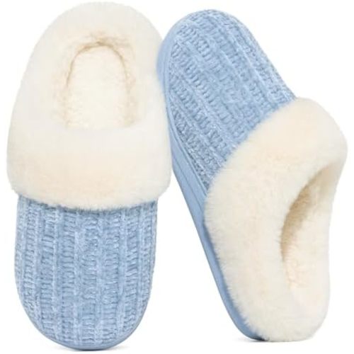 Evshine Warm Knit House Slippers for Women Comfy Wool-Like Lined Chenille Slippers with Memory Foam and Indoor Outdoor Soles