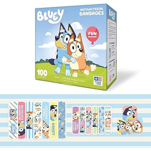 Bluey Kids Bandages, 3 Assorted Sizes 100 CT | Wear Like Stickers, Flexible Adhesive Bandages for Minor Cuts, Scrapes, and Burns. Great Gift idea and Stocking Stuffer