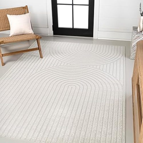 JONATHAN Y Sofia High-Low Stripe Two-Tone Ivory/Cream 8x10 Indoor/Outdoor Area Rug, MidCentury Modern Arch, for Patio, Backyard, Living Room, Bedroom, Office, Hose-Washable (SCN109A-8)