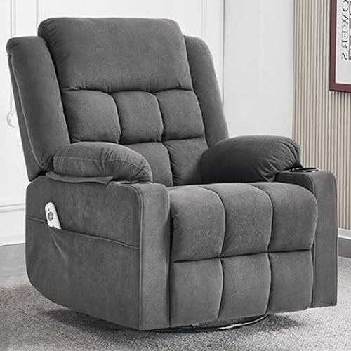 Swivel Rocker Recliner Chair for Adults with Massage and Heat, Cup Holders and Side Pockets, Glider Rocking Reclining Single Sofa Chair for Living Room(DK Grey)