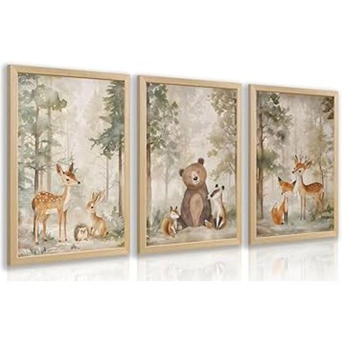 LLEEMPI Woodland Nursery Wall Decor Set of 3, Cute Forest Animal Wall Art, Bear Fox Deer Watercolor Canvas Prints, Vintage Nature Poster Prints for Kids Bedroom Bathroom Playroom Wood Framed 12x16 Inch