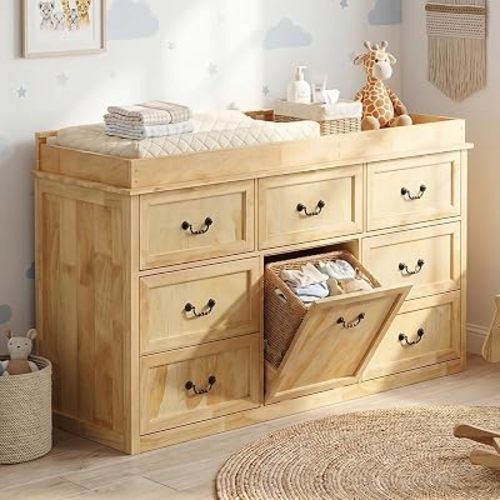 Nursery Dresser with Changing Table Top, 58.7"W Baby Dresser with 7 Drawers, Laundry Basket & Raised Guard, Infant Diaper Changing Storage Organize Station for Nursery and Bedroom, Natural