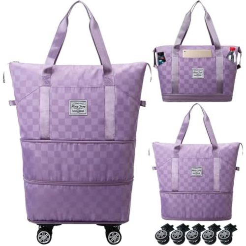 Expandable Foldable Duffel Bag Suitcases,Detachable Rolling Wheels,Rolling Duffle Bag with Wheels,Suitcase with Wheel,Carry on Luggage,Gift for Men Women Lightweight Suitcases (Purple)