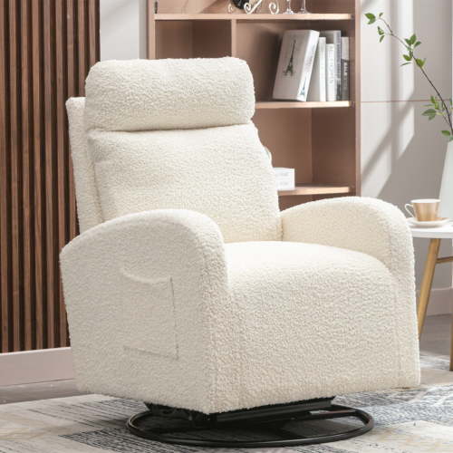 Aukfa Swivel Glider Chair for Nursery, Modern High Back Rocker Chair w/ Storage, Teddy Fabric, White