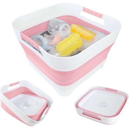2.6 Gal(10L) Collapsible Wash Basin for Baby Bottles,Pink Space-Saving Collapsible Dish Basin with Drain Plug for bottle washing, Collapsible Bucket for RV Kitchen Essentials